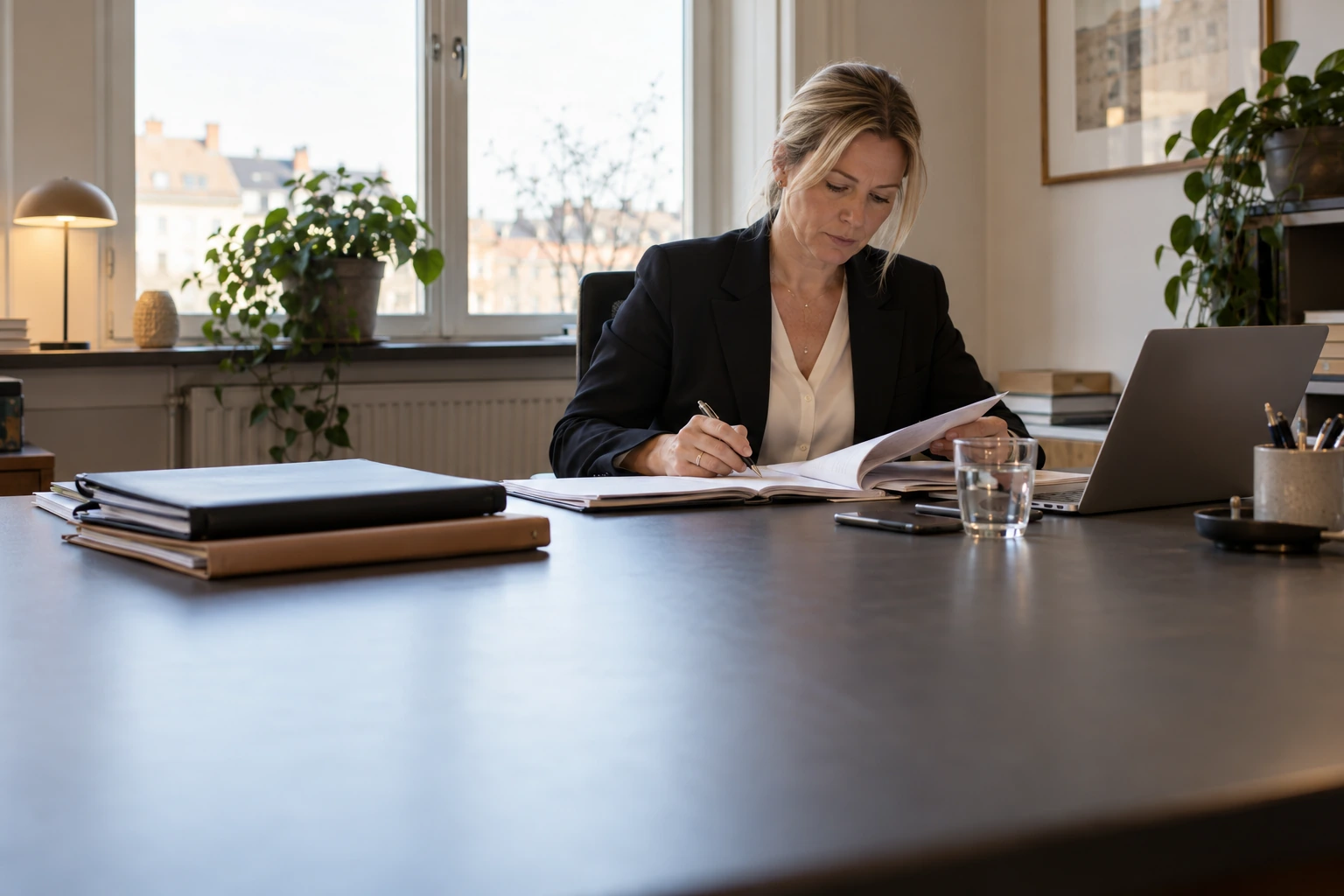Jurist arbetar med anteckningar i ett avskilt kontorsrum med stängda mappar.