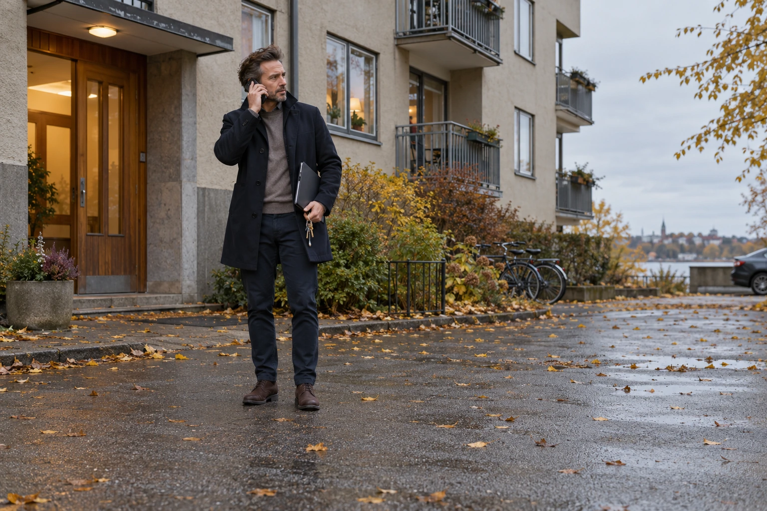 Mäklare ringer ett samtal utanför ett flerbostadshus efter en visning.