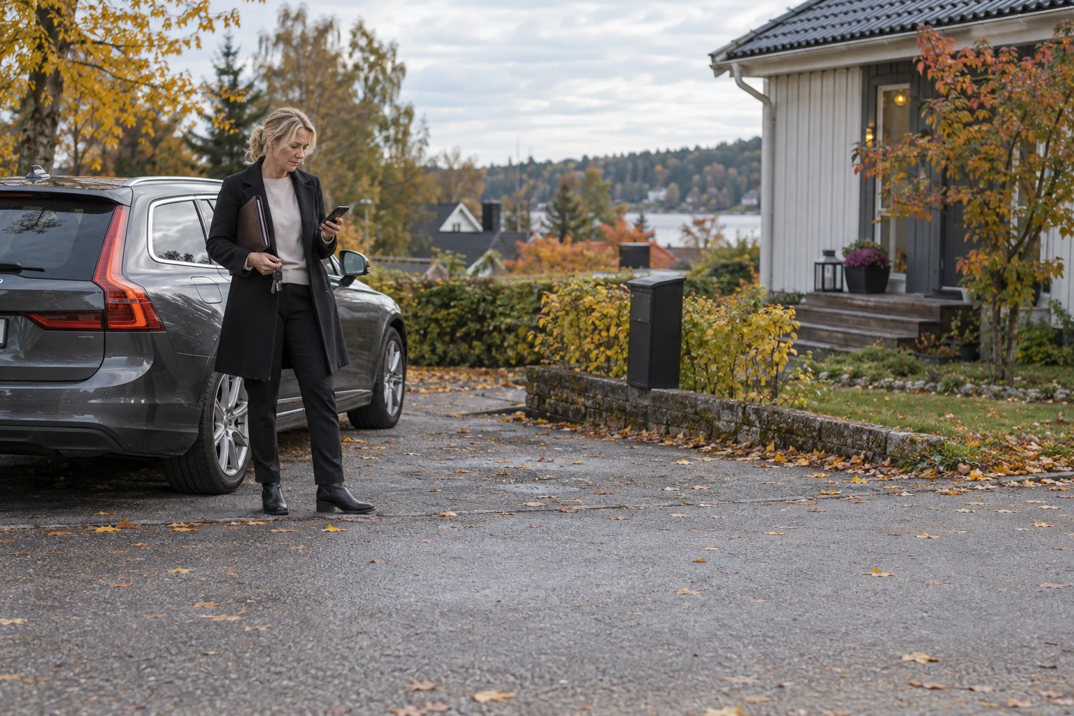 Mäklare kontrollerar mobilen bredvid sin parkerade bil utanför en villa.