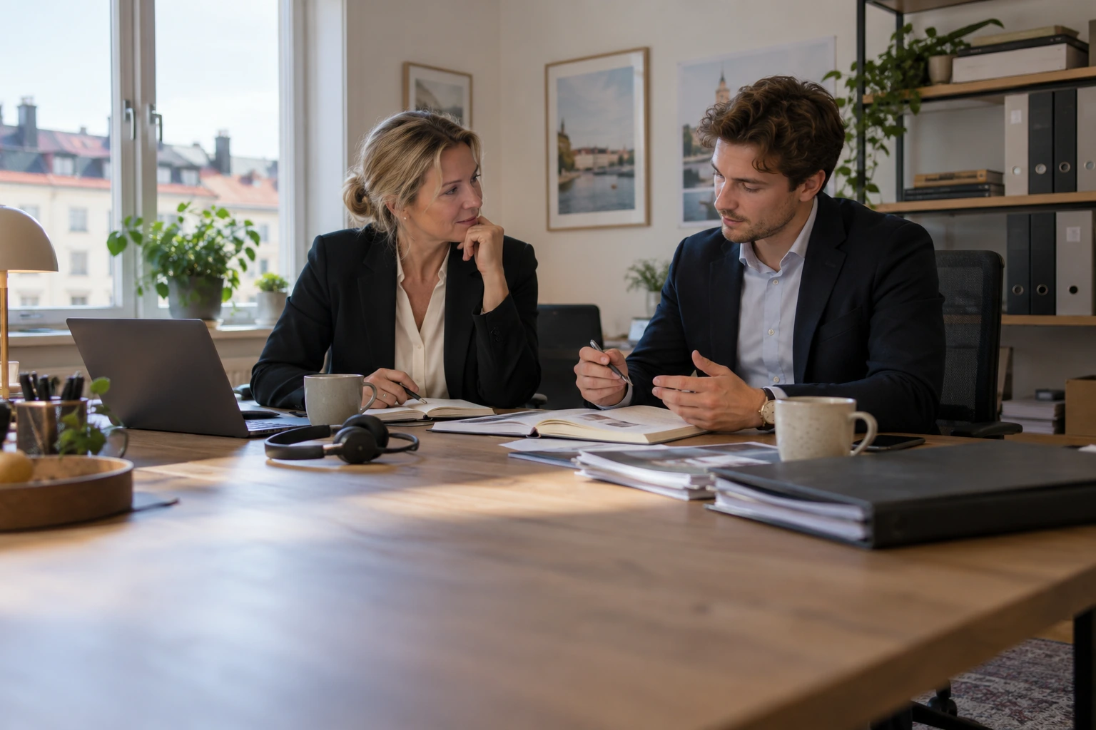 Två mäklarkollegor går igenom anteckningar vid en dator på kontoret.