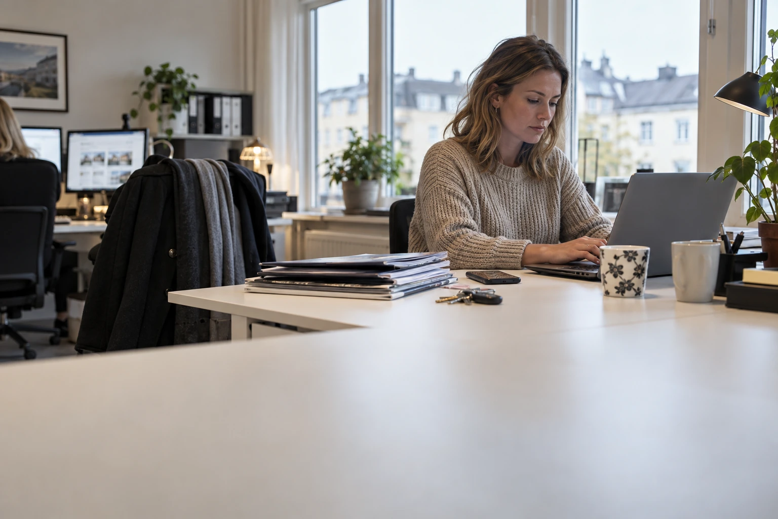 Mäklarassistent arbetar vid datorn med mobil och nyckelknippor på skrivbordet.
