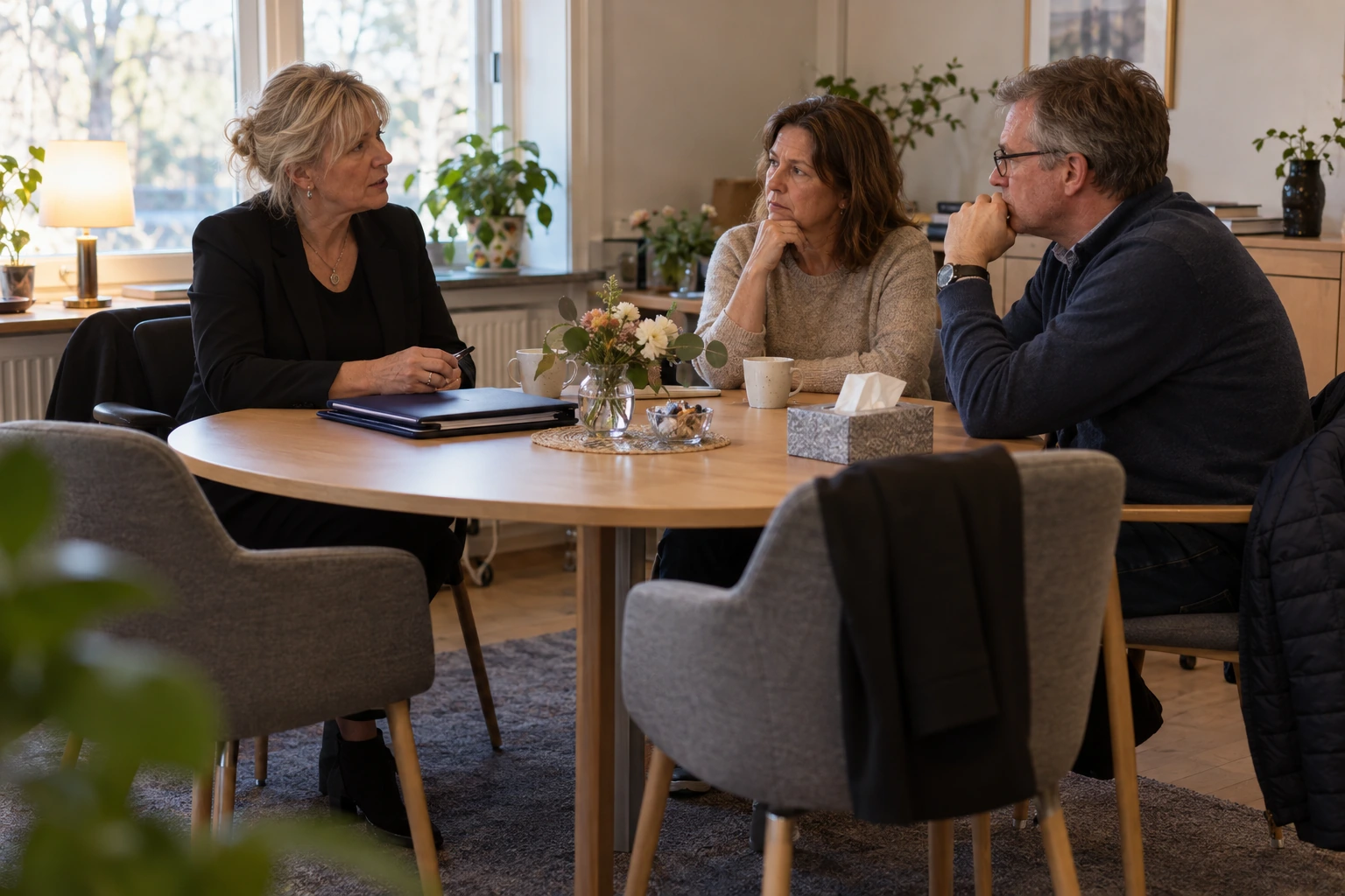 Rådgivare på en begravningsbyrå samtalar lugnt med två vuxna besökare.