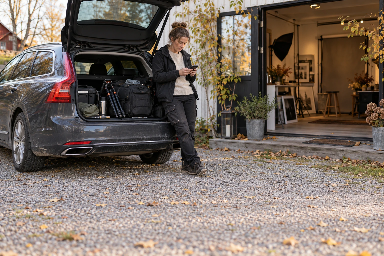 Fotograf kontrollerar mobilen vid en parkerad bil med kameraväska och stativ.