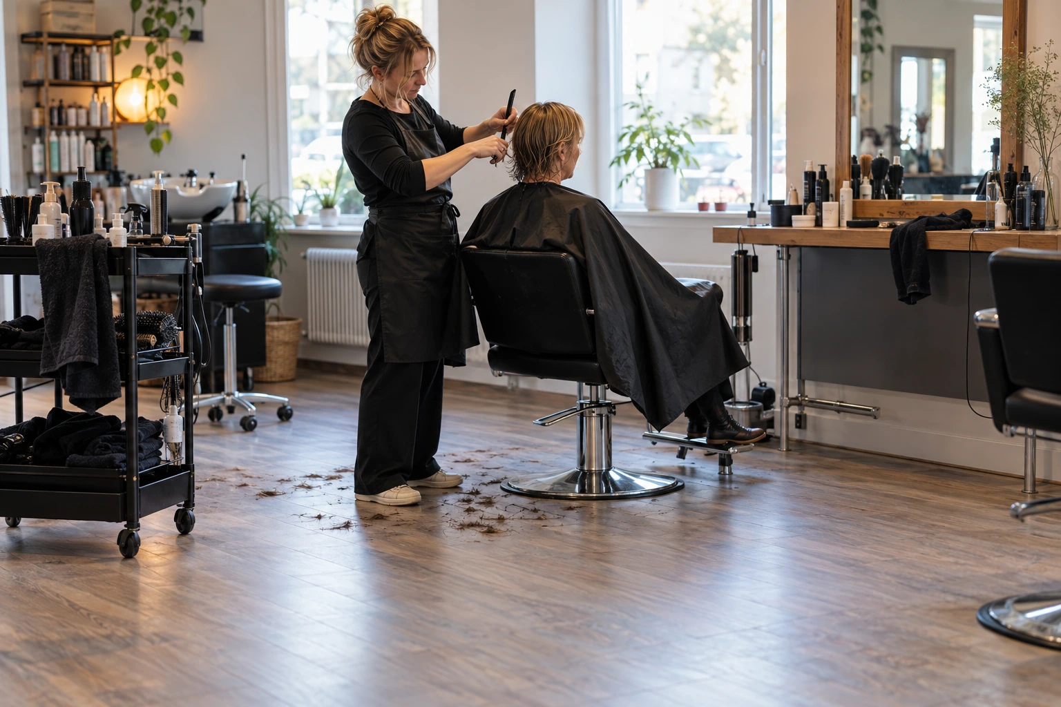 Frisör klipper en kund i en mindre salong med arbetsredskap och handdukar nära till hands.