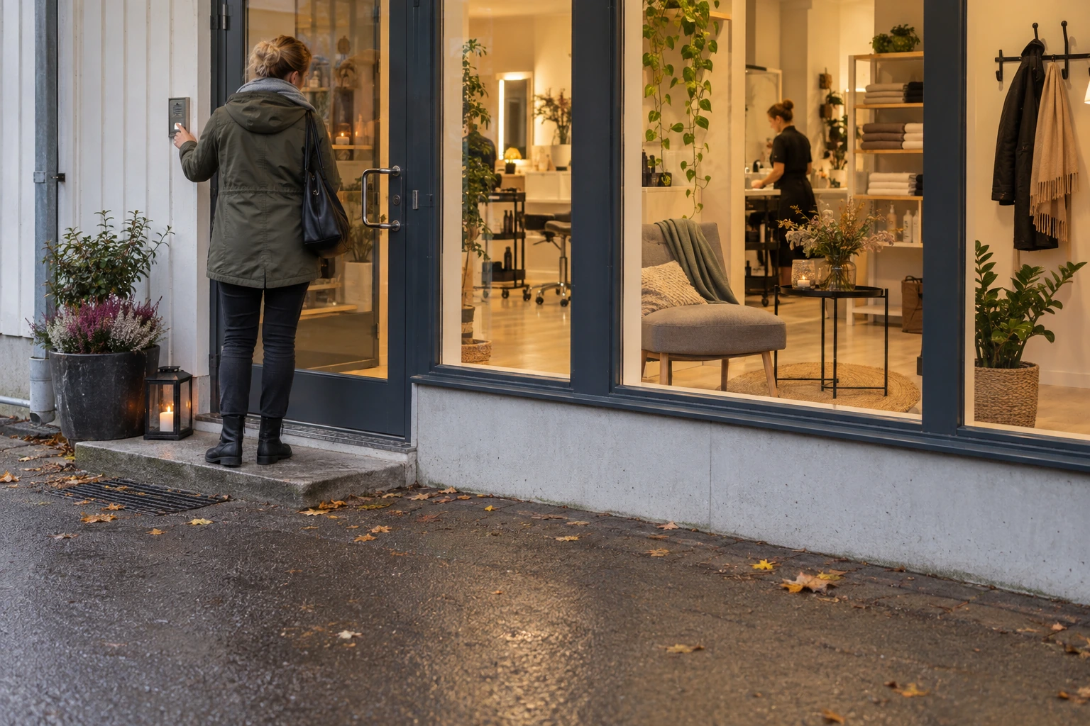 Besökare använder porttelefon vid entrén till en mindre salong.