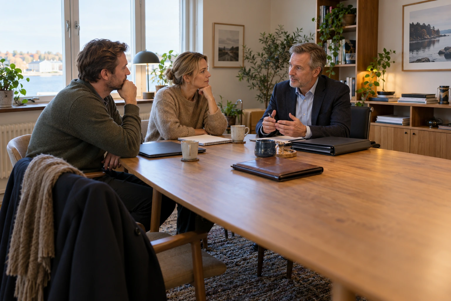 Rådgivare möter två kunder vid ett bord i ett avskilt kontorsrum.