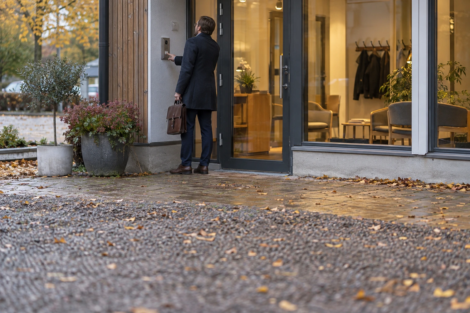 Besökare med dokumentväska använder porttelefon vid en mindre byrås entré.