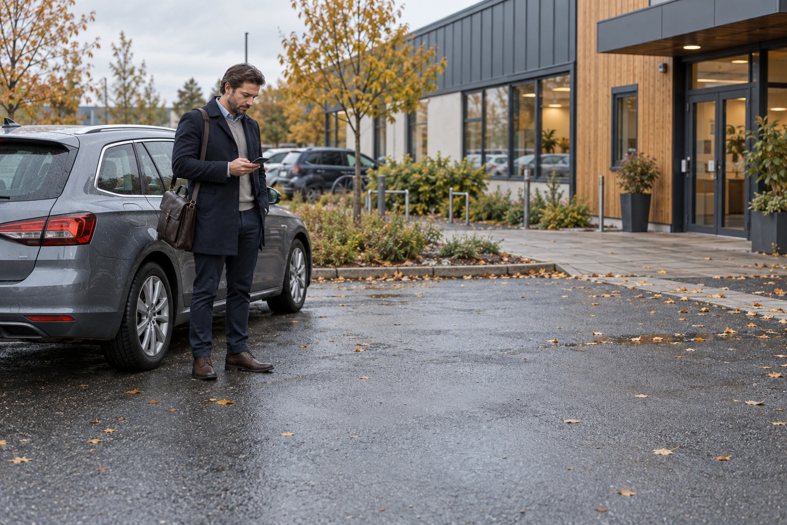 Rådgivare kontrollerar mobilen vid en parkerad bil inför ett kundbesök.