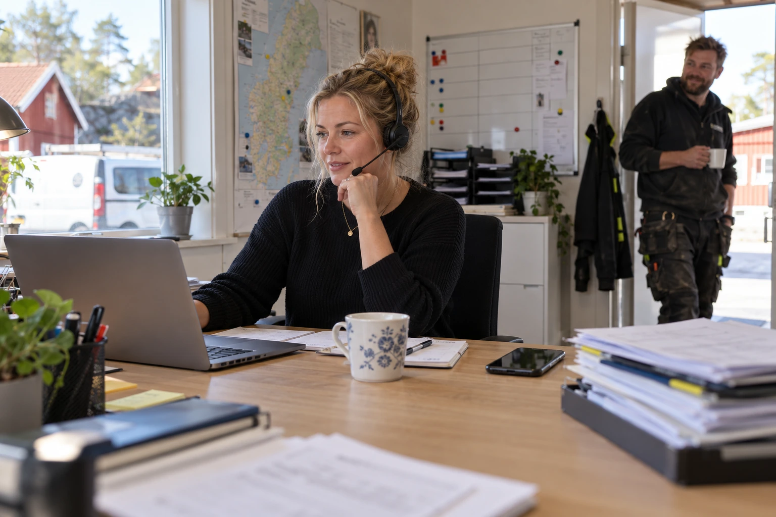Samordnare med headset arbetar vid datorn på ett mindre servicekontor.