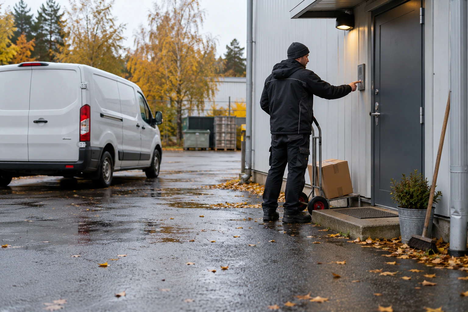Leverantör använder porttelefon vid entrén till ett mindre serviceföretag.