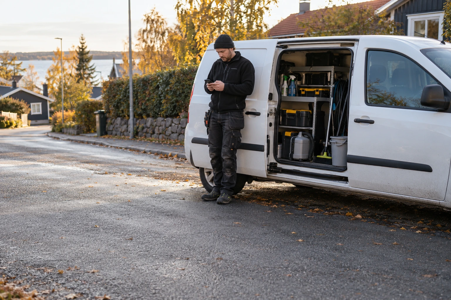 Servicemedarbetare kontrollerar mobilen bredvid en parkerad servicebil.
