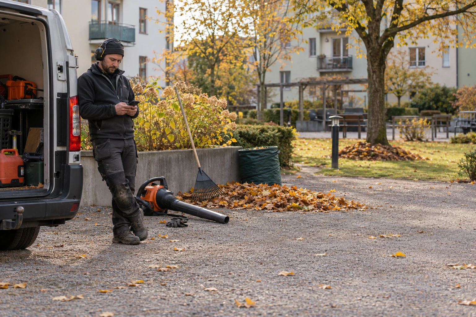 Trädgårdsarbetare med hörselskydd gör en paus bredvid avstängd arbetsutrustning.