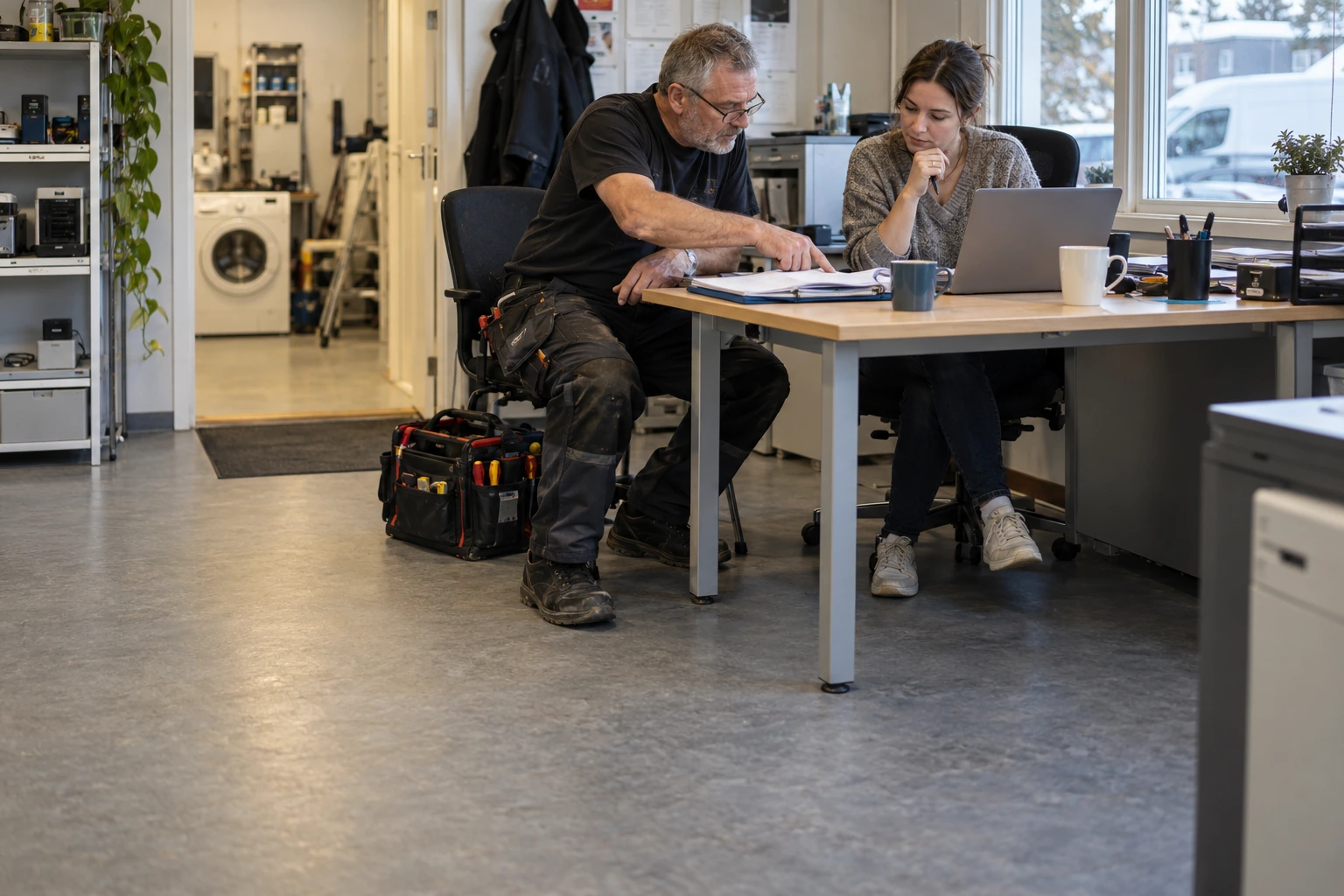 Servicetekniker och samordnare går igenom ett kundärende vid en dator.